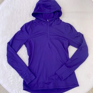 Gap Fit quarter zip running top with hood, zippered pocket, and thumb holes